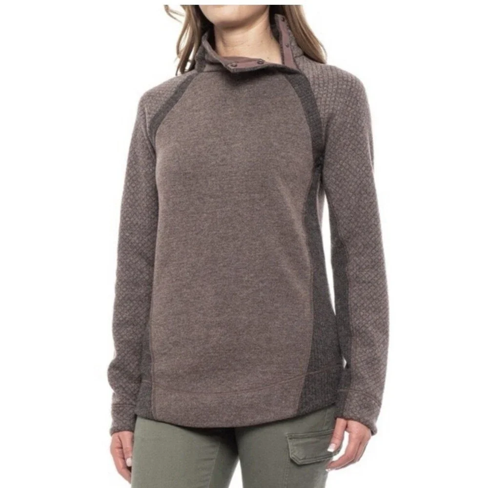 PrAna Brandie Sweater Womens Brown  Gray Wool Blend Pullover Snap High Neck XL
